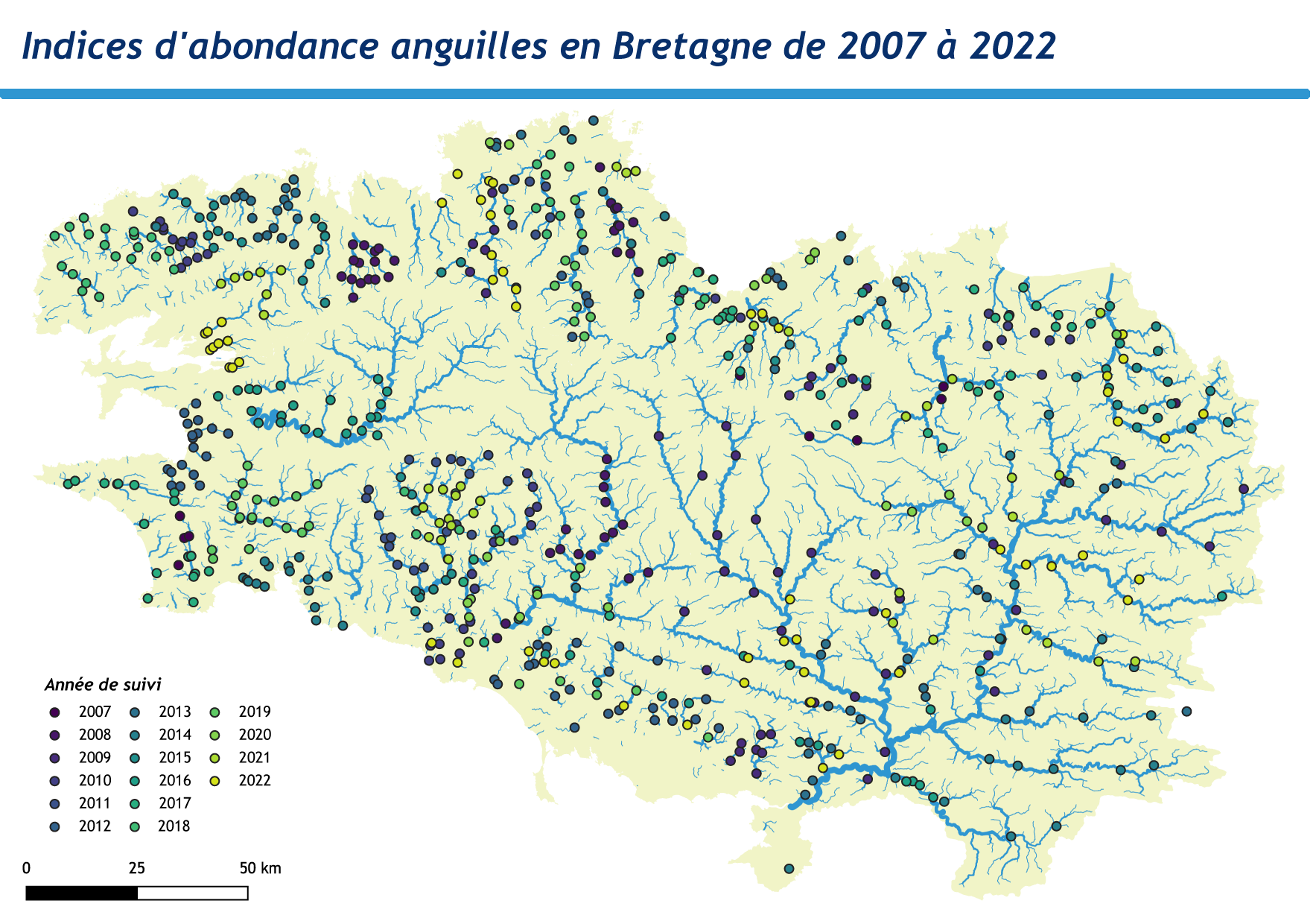 Carte de localisation des stations d'indices d'abondance anguille en Bretagne